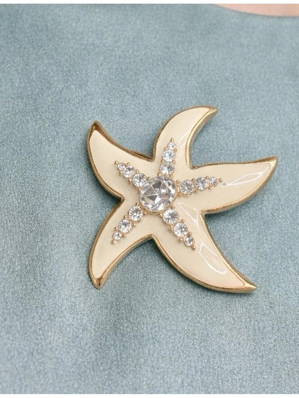 Vintage 1980s Gold Tone Cream Enamel Rhinestone Starfish Brooch Pin, 2.5x2.5”